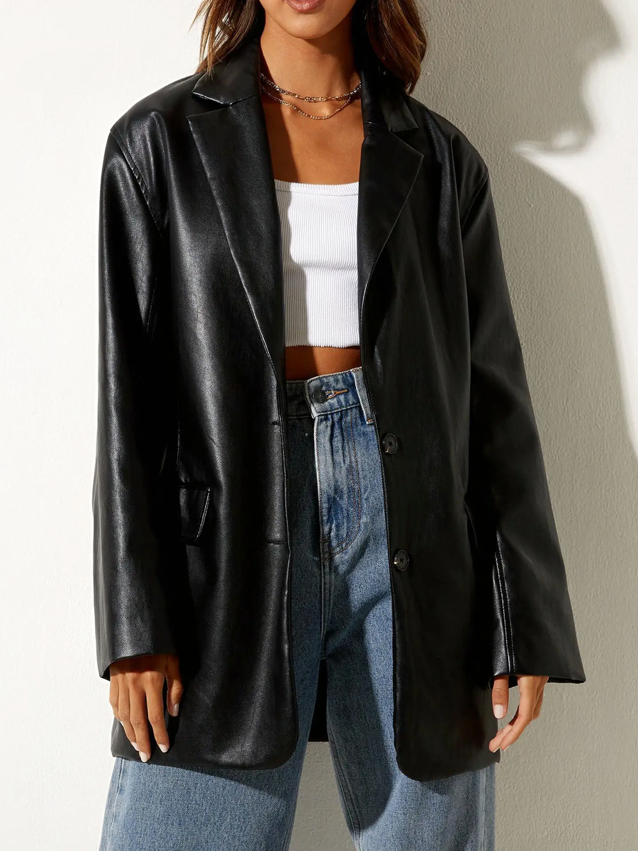 Veste blazer femme en simili cuir conception ample – Image 2