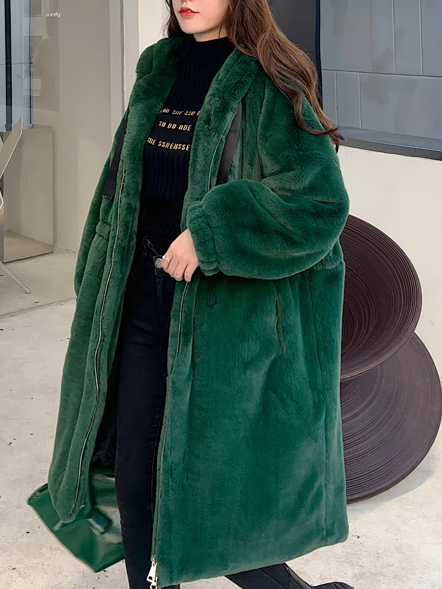 Veste chaude femme longue et verte en fausse fourrure