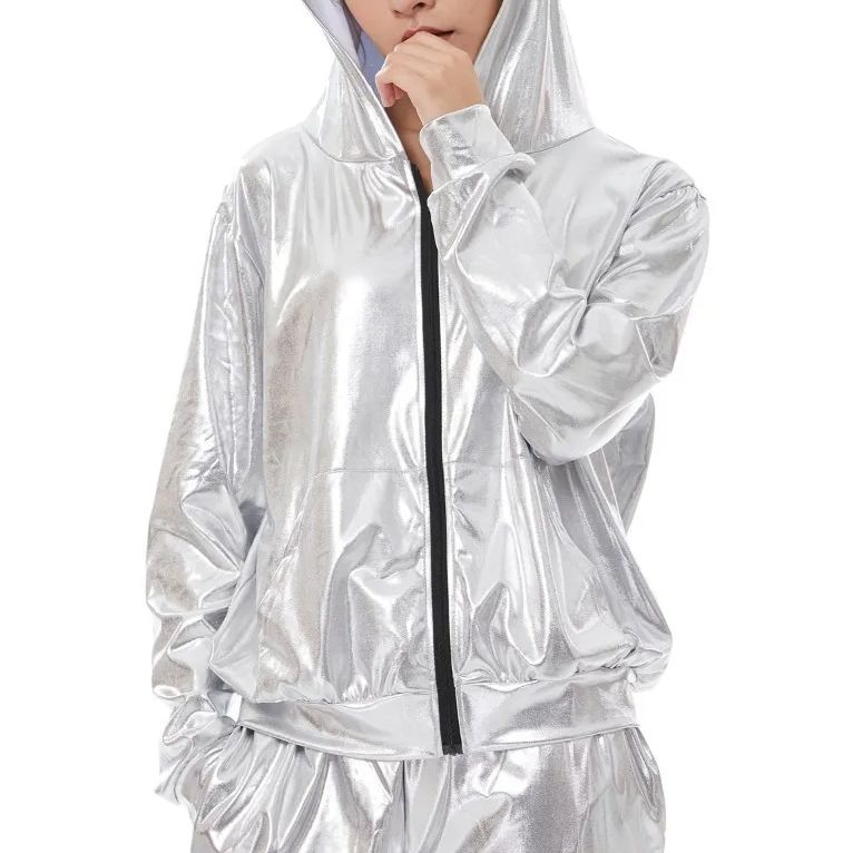 Veste de pluie femme argentée et brillante avec capuche – Image 2