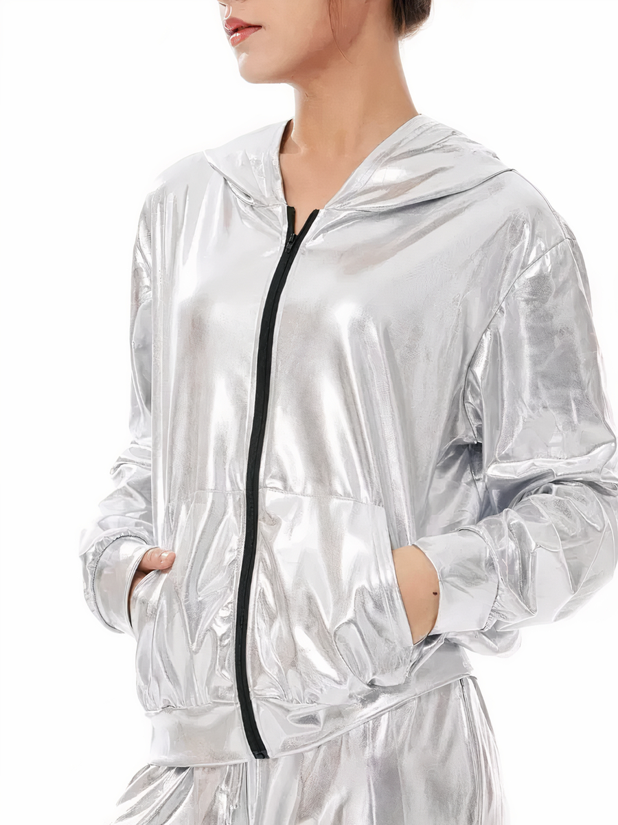 Veste de pluie femme argentée et brillante avec capuche – Image 3