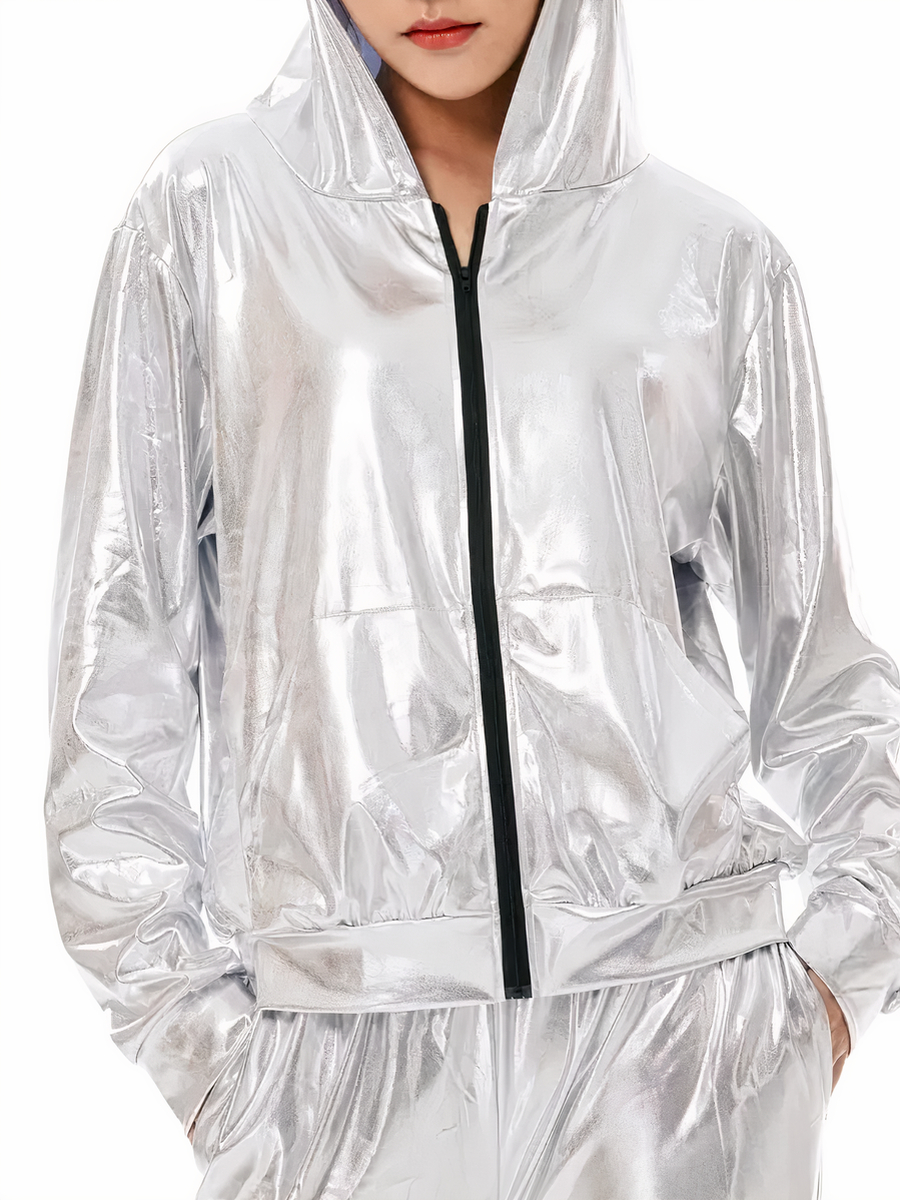 Veste de pluie femme argentée et brillante avec capuche